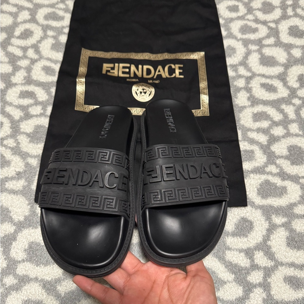 FENDACE Black Embossed Slide Sandals 38